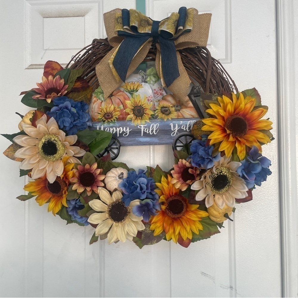 Handmade fall sunflower wreath sign says happy fall y’all 24”